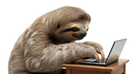 Sloth using a laptop typing on the keyboard isolated PNG with Transparent Background