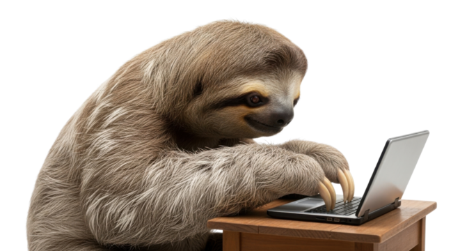Sloth using a laptop typing on the keyboard isolated PNG with Transparent Background