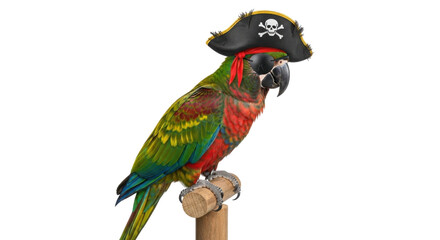 Colorful parrot wearing a pirate hat perched on a wooden stand isolated PNG with Transparent Background