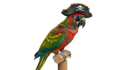 Colorful parrot wearing a pirate hat perched on a wooden stand isolated PNG with Transparent Background