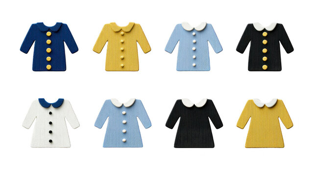 Blue coat yellow coat light blue coat black coat white coat and gray coat with large buttons and Peter Pan collar isolated on transparent background playful and cute style