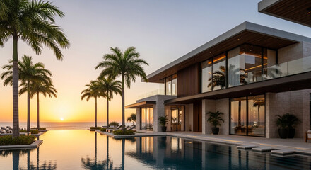 Luxury beachfront villa with stunning sunset view and infinity pool, perfect for high-end travel, real estate, or upscale lifestyle marketing campaigns