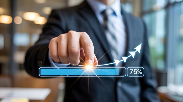 Hand Touching Digital Progress Bar at 75 Percent Completion Point  - Powered by Adobe