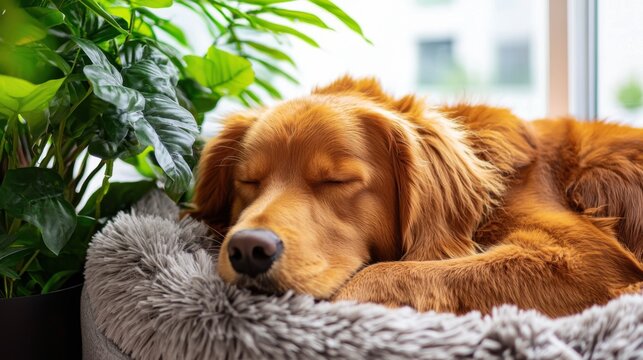 Golden dog sleeping peacefully on soft bed near green indoor plants - Powered by Adobe