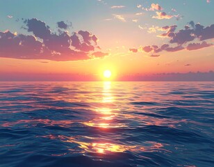 Calm ocean reflects vibrant sunset colors with fluffy clouds above