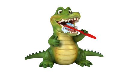 Alligator brushing teeth with a toothbrush and toothpaste isolated PNG with Transparent Background
