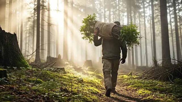 Person carrying tree saplings through a misty forest with sun rays