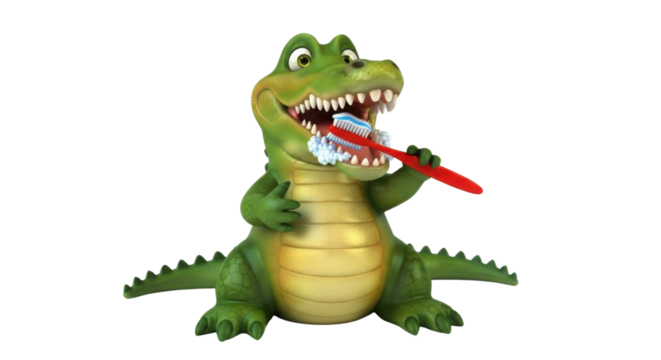 Alligator brushing teeth with a toothbrush and toothpaste isolated PNG with Transparent Background