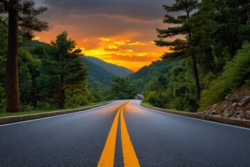Scenic mountain road winding through lush green forest at sunset with dramatic sky