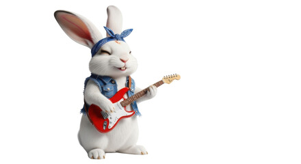 Cute rabbit playing electric guitar isolated PNG with Transparent Background