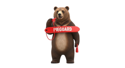 Brown bear with life preserver saying PIEGUARD and whistle isolated PNG with Transparent Background