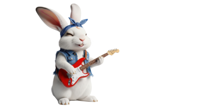 Cute rabbit playing electric guitar isolated PNG with Transparent Background