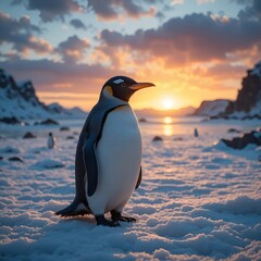 Obraz premium An emperor penguin standing on the ice, side view, full-body shot. 