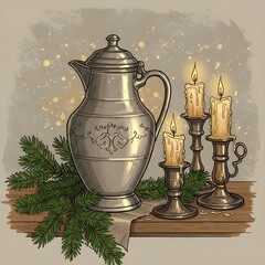 A charming Christmas still life showcasing a silver pitcher alongside flickering candles, enhancing the seasonal spirit.