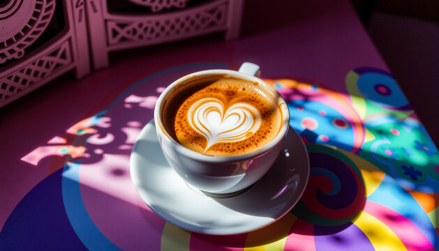 a cup of cappuccino sitting on top of a colorful table, with a saucer underneath it. The cup is filled with a dark liquid, likely coffee
