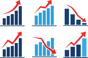 Six bar graph icons showing upward and downward trends with red arrows bar chart up arrow