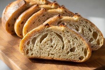 Close-up of freshly baked sourdough bread, sliced to reveal its airy crumb and golden crust, resting on a wooden cutting board.