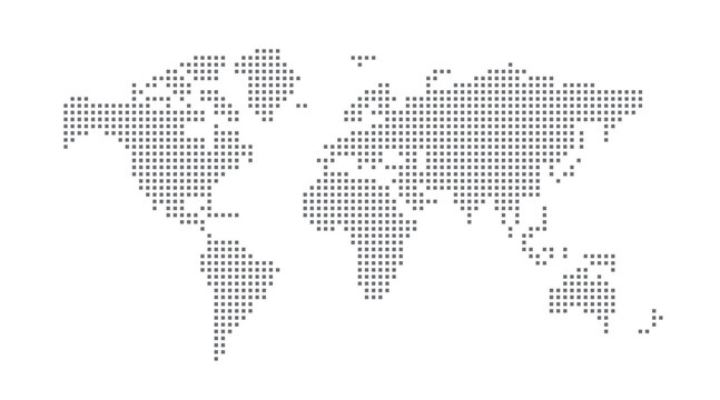 Dotted world map from squares. Grey vector illustration. World map vector, isolated on white background. Suitable for web site pattern, anual report, inphographics. Globe similar worldmap icon. Travel