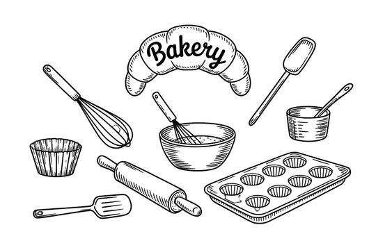 Hand-drawn bakery and pastry tools illustration vintage style vector design for culinary blog recipe book or cafe menu