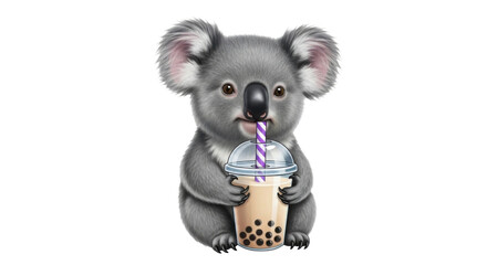 Cute Koala drinking Boba tea isolated PNG with Transparent Background