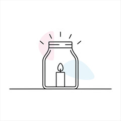 Line art candle in a jar with abstract shapes Keywords: candle, jar, light, flame, glow