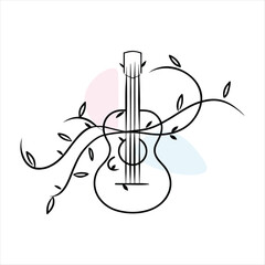 Line art guitar with swirling vines and leaves acoustic