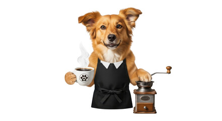 Dog wearing apron with coffee and coffee grinder isolated PNG with Transparent Background