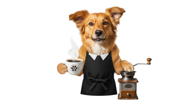 Dog wearing apron with coffee and coffee grinder isolated PNG with Transparent Background