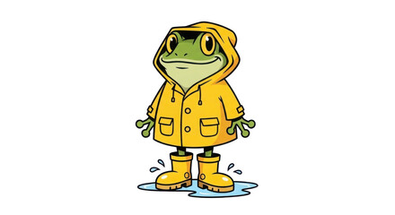 Cartoon frog wearing a yellow raincoat and rain boots standing in a puddle isolated PNG with Transparent Background