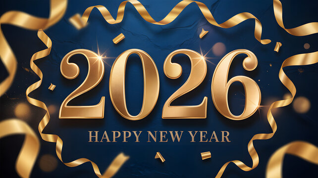 Golden 2026 happy new year text with ribbons and confetti on a dark blue background, festive celebration