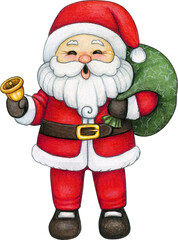 Watercolor cartoon santa with sack and bell