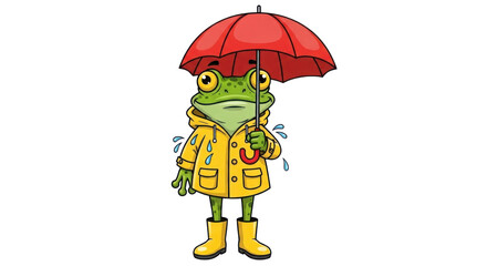 Cute frog in raincoat holding umbrella isolated PNG with Transparent Background