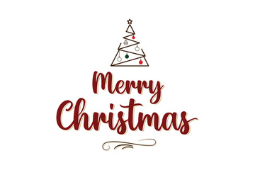 Merry Christmas Text with Modern Minimalist Line Art Tree and Ornaments Vector