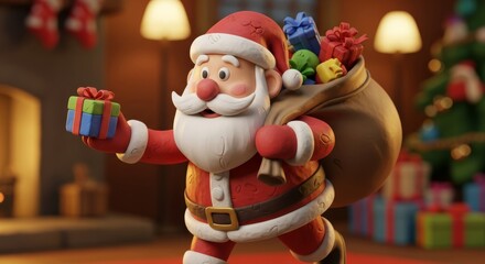 Joyful Santa Claus carrying a sack full of gifts and holding a present, ready for Christmas delivery