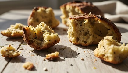 Freshly baked poppy seed muffins broken apart on a rustic wooden surface in the morning light.