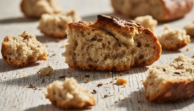 Close-up shot of broken pieces of artisanal bread with visible seeds scattered on a wooden surface.