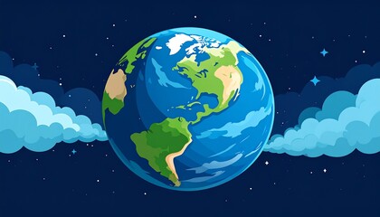 Animated globe showcasing continents, surrounded by clouds and stars