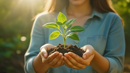 A young plant held carefully in a woman's hands, bathed in warm sunlight, signifying life, growth, and ecological responsibility