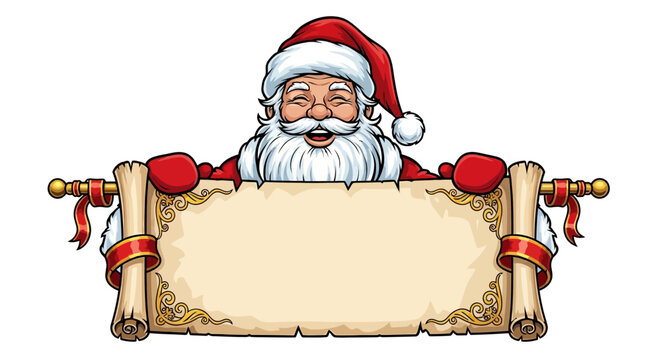 Jolly Santa Claus holding a blank festive scroll for your holiday greetings and announcements this Christmas season create a magical Christmas message