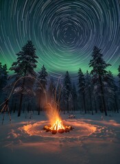 Campfire under swirling stars and aurora borealis in snow-covered forest