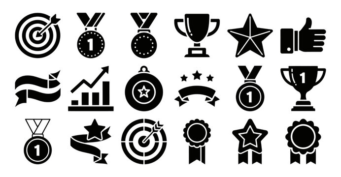 A comprehensive collection of solid filled icons representing team success featuring elements like a trophy medal target ribbon star thumbs up and a growth chart for business and achievement themes