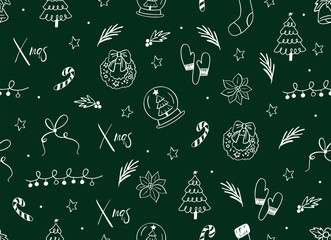 Vector Simple Seamless Christmas and New Year`s pattern. Winter and Christmas elements. Wrap for gifts. Doodle style.