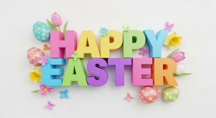 Festive Easter holiday greeting featuring colorful 3D typography, intricately painted eggs, and fresh spring flowers on a bright white background