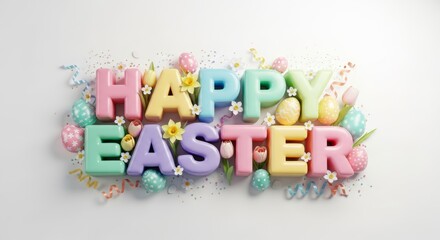 Obraz premium Happy Easter Colorful Pastel 3D Text Celebration with Decorative Elements