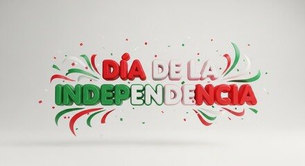 A stylish 3D digital render of the Spanish phrase 'Dia de la Independencia' for Mexico's national holiday celebration with festive confetti
