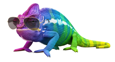 Funny colorful Chameleon wearing sunglasses isolated PNG with Transparent Background