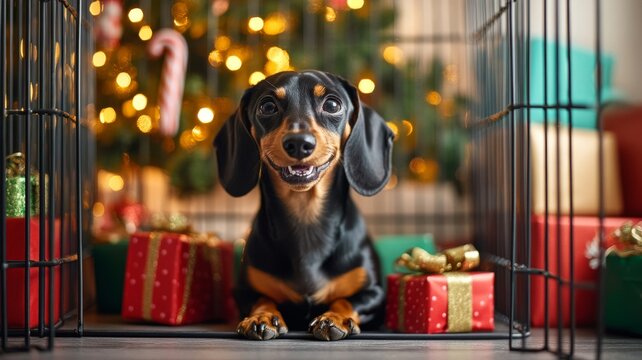 Festive dachshund among holiday gifts