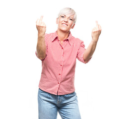 Adult woman showing fuck off gesture, isolated on white background. Female person with obscene gesture giving the middle finger and looking to camera.