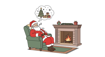 Santa Claus dreaming of Christmas presents and tree near cozy fireplace, resting after delivering gifts to children around the world on Christmas Eve