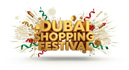 Dubai Shopping Festival Celebration with Gold Text and Confetti Burst